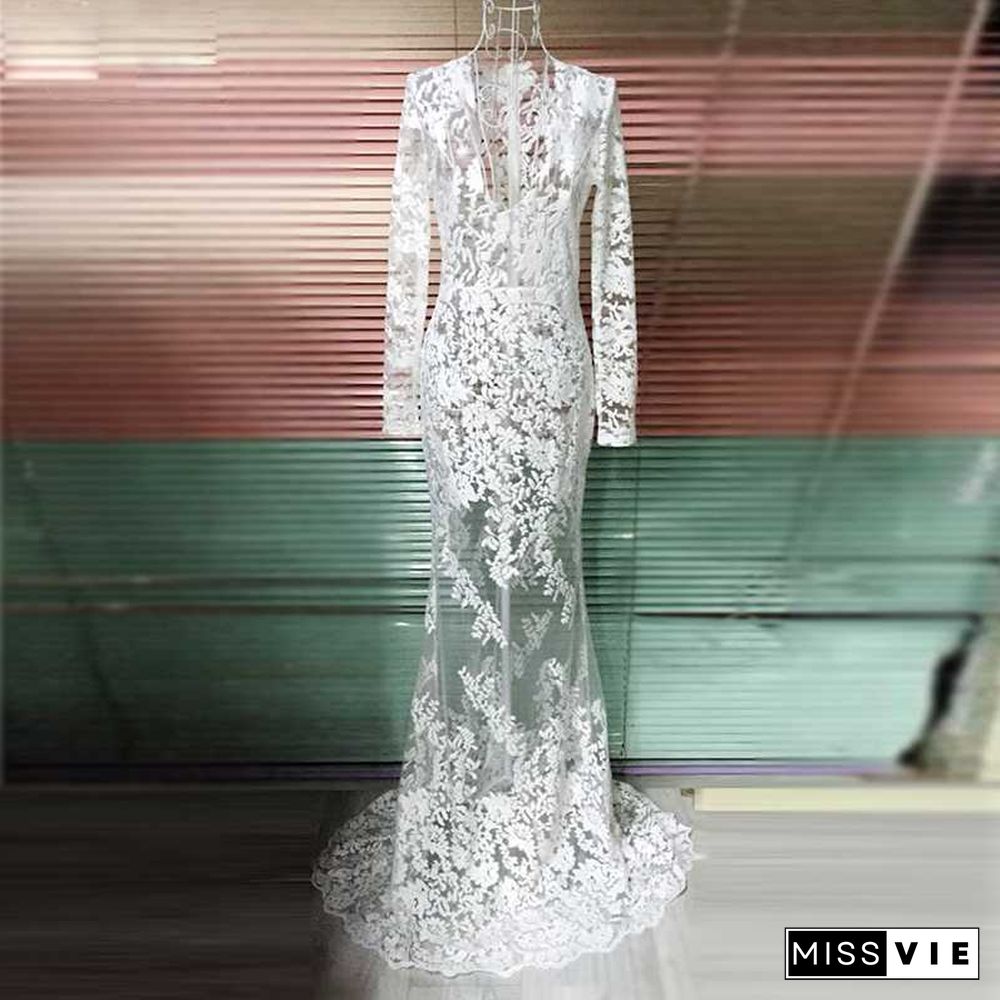 White Lace Embroidered Sheer Mesh Mermaild Formal Gowns Dress
