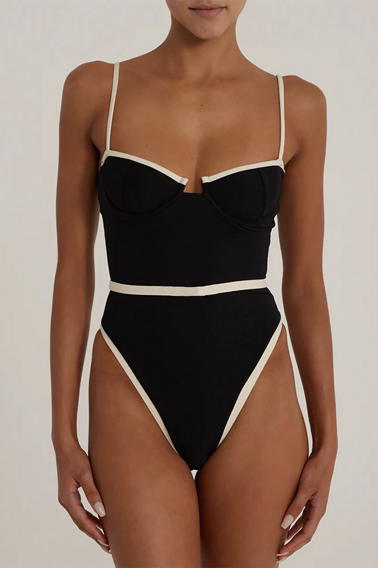 Contrast Piping Cami One-Piece Swimsuit-Black