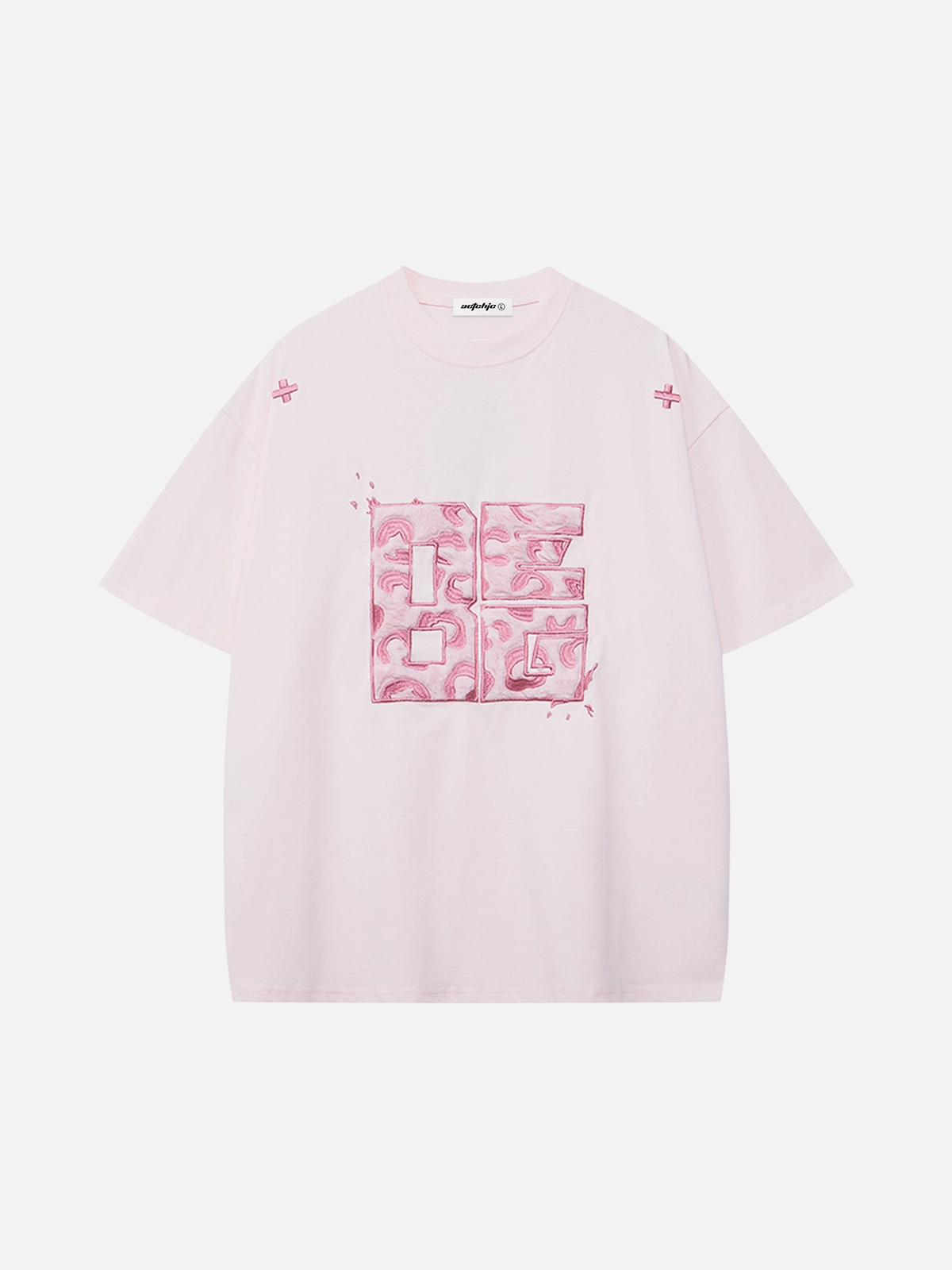 Pink Act Chic Letter Flocked Embroidery Oversized Tee Front
