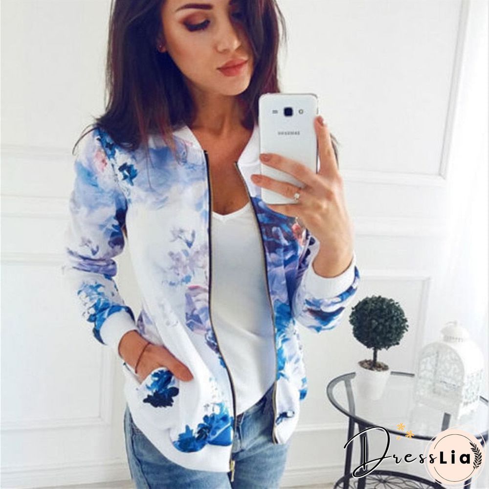 Women Retro Floral Printed Jackets Lightweight Long Sleeve Zipper Jacket Short Windbreaker Coats Biker Jackets Spring Outwear