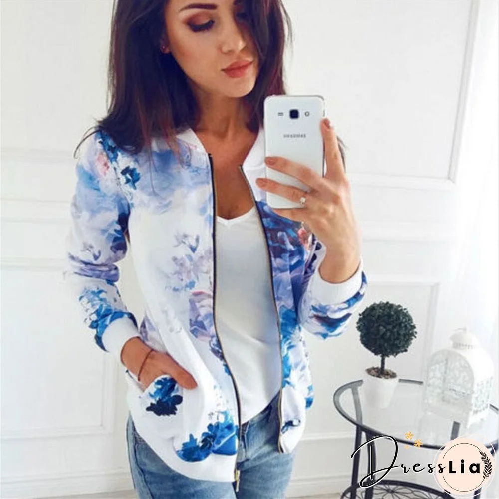 Women Retro Floral Printed Jackets Lightweight Long Sleeve Zipper Jacket Short Windbreaker Coats Biker Jackets Spring Outwear