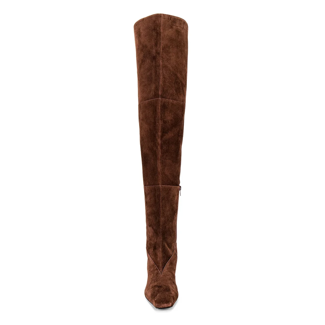 Vegan Suede Square Toe Silver Comma Heel Thigh-High Boots in Brown