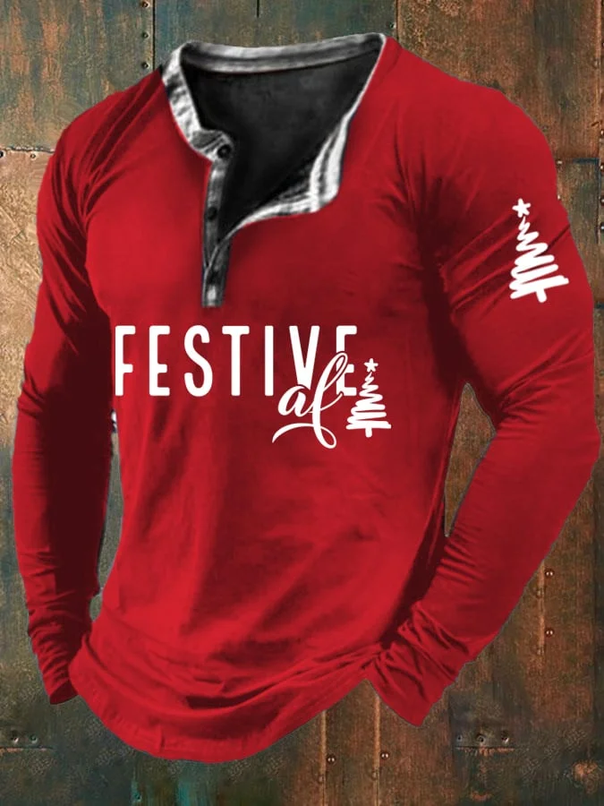 Men's Festive Af Christmas Print Button Long Sleeve Top