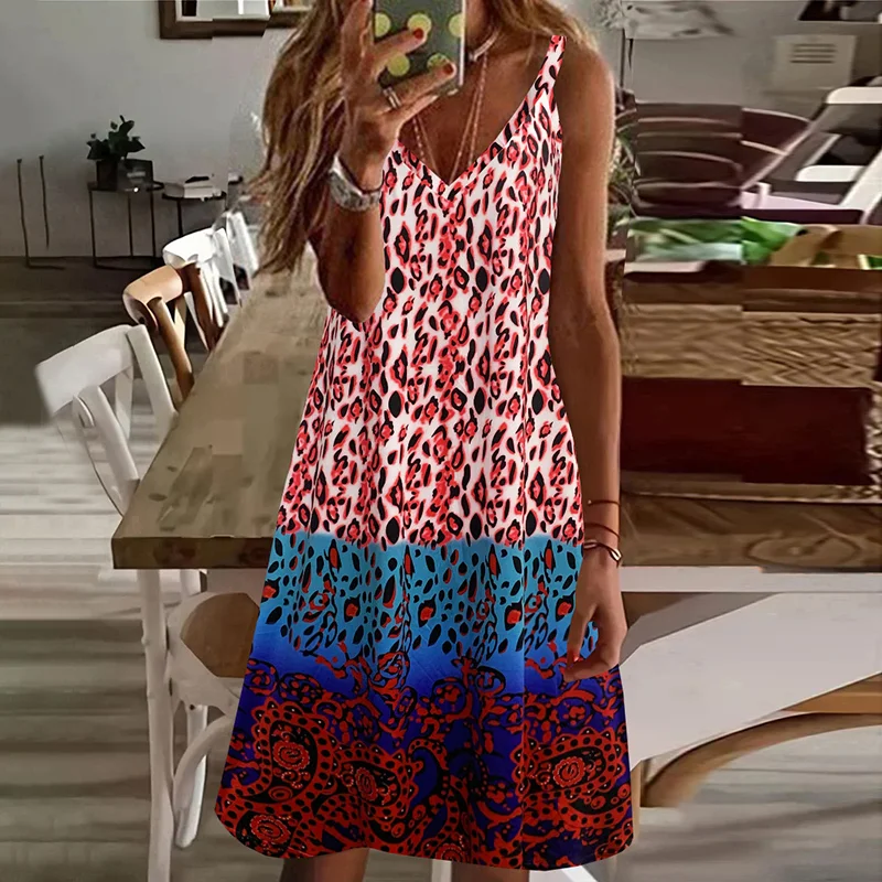 Fashionable Leopard Print Color Matching Suspender Midi Dress
