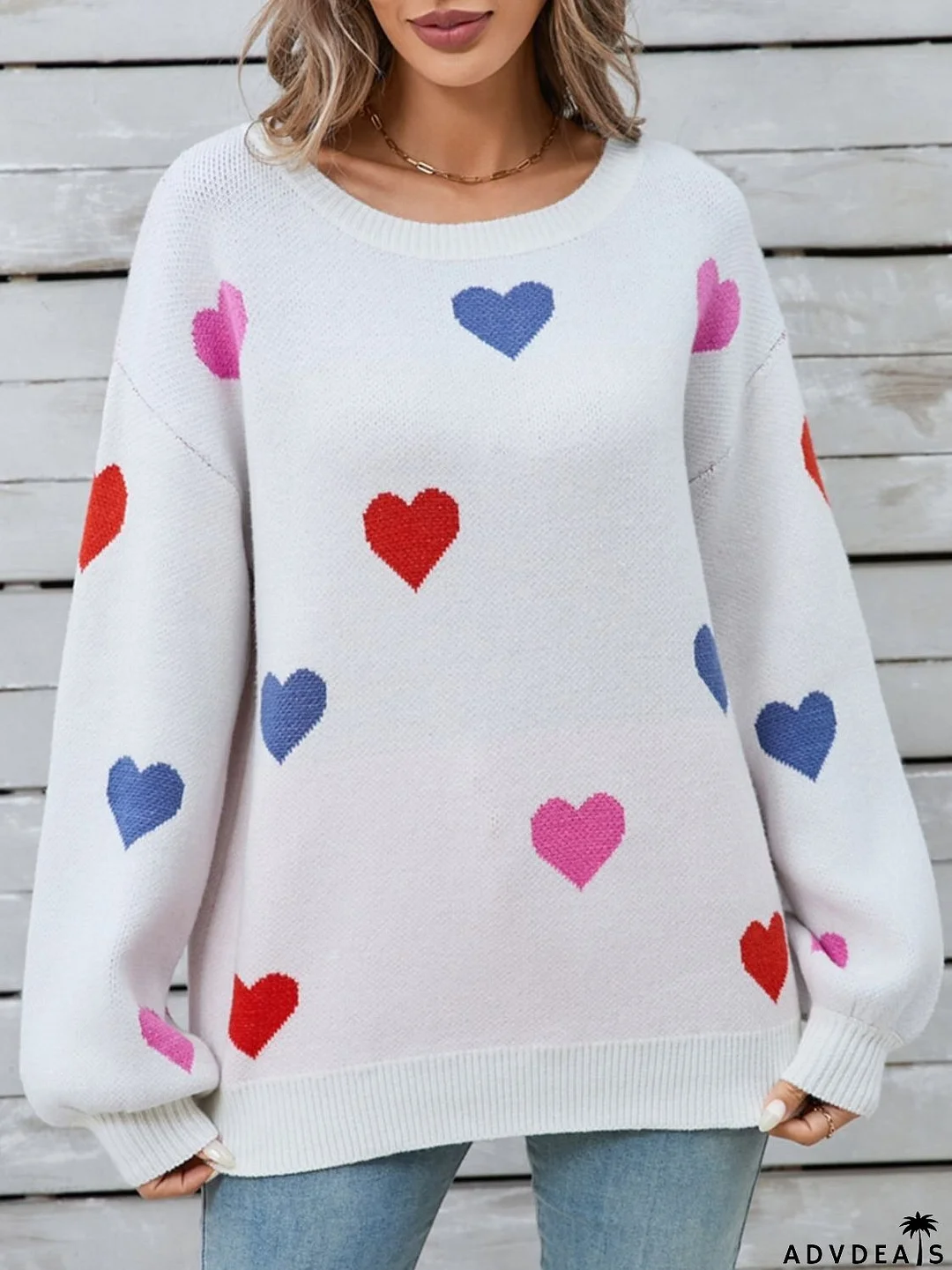 Heart-shaped, long-sleeved crew neck sweater
