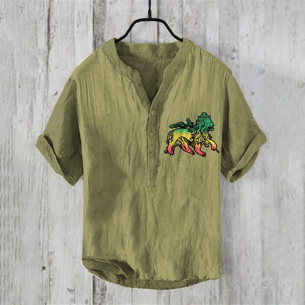 Men's Gradient Lion Reggae Art  Linen Blend Shirt