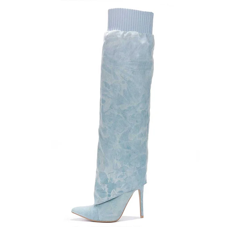 Light Blue Denim Stiletto Heel Knee Fold-Over Boots with Elastic Band |FSJ Shoes