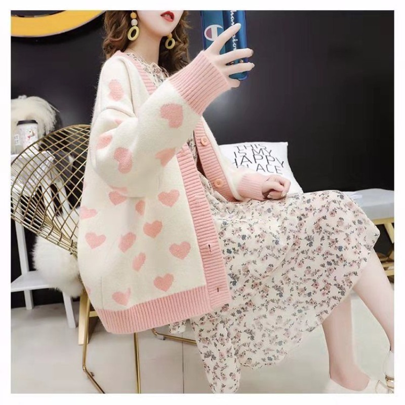 New 2025 Sweet Love Knitted Cardigan Women Kawaii Pink Cardigans Japanese Autumn Winter V-neck Sweater Jacket Woman