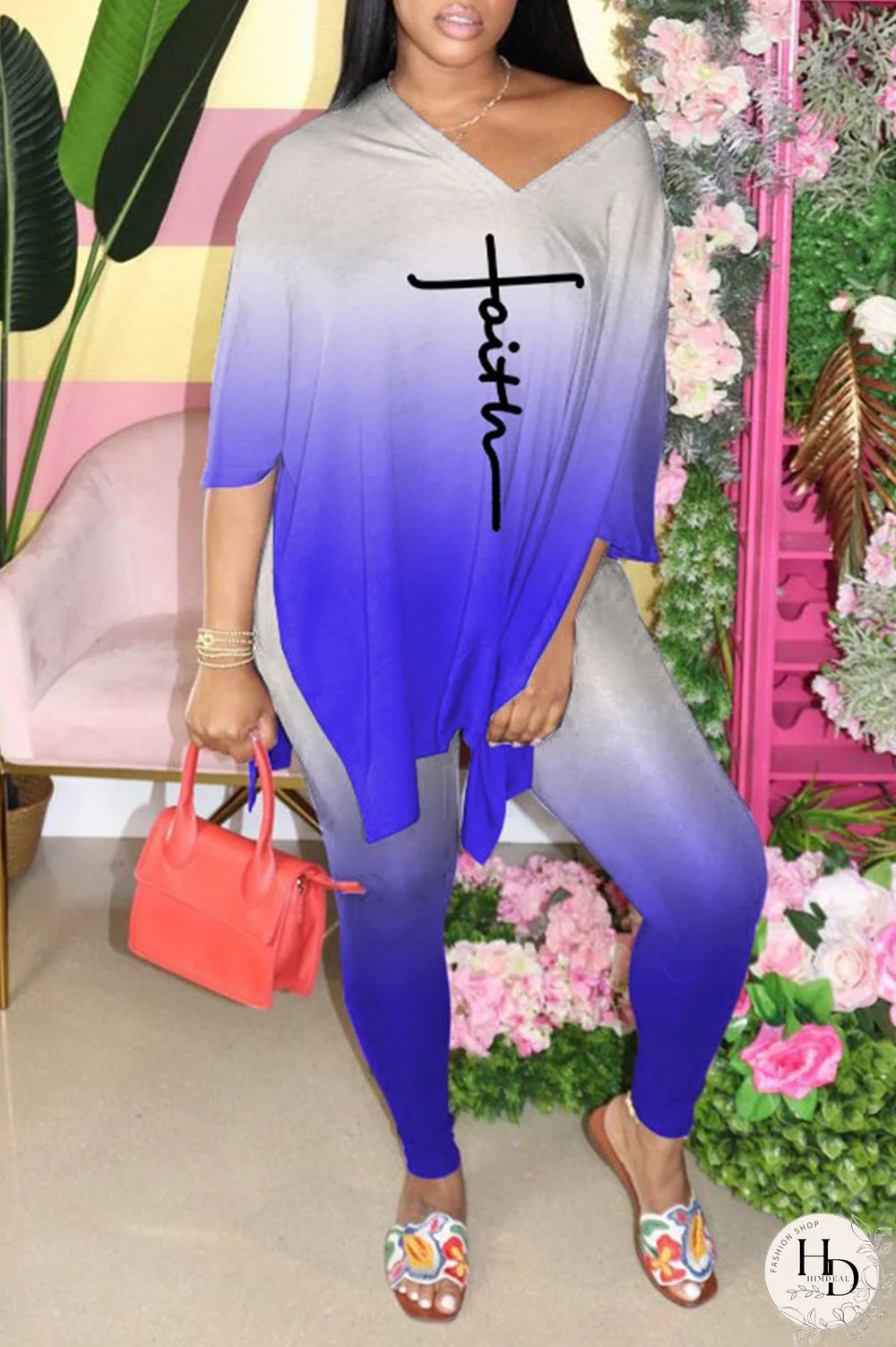 Blue Casual Gradual Change Print Patchwork Slit V Neck Half Sleeve Two Pieces