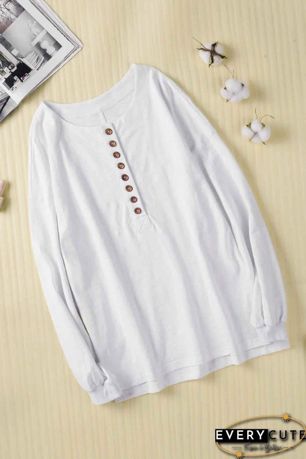 White Solid Color Buttoned Front Long Sleeve Top