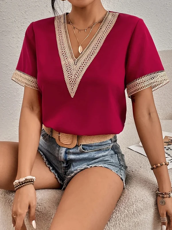 Casual Loose Lace Split-Joint V-Neck T-Shirts Tops