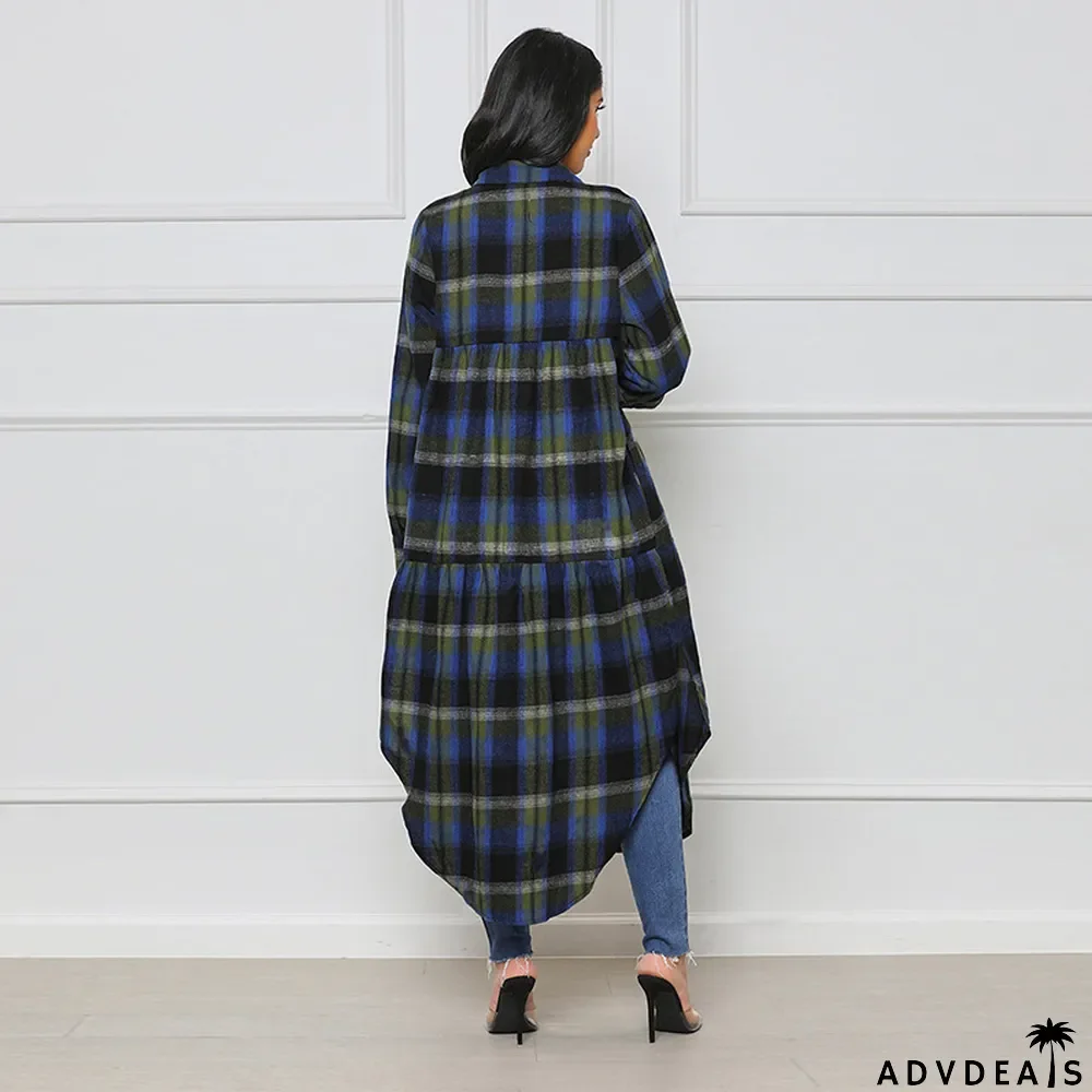 Women's Fashion Plaid Button Pockets Long Sleeve Slim Waist Coats