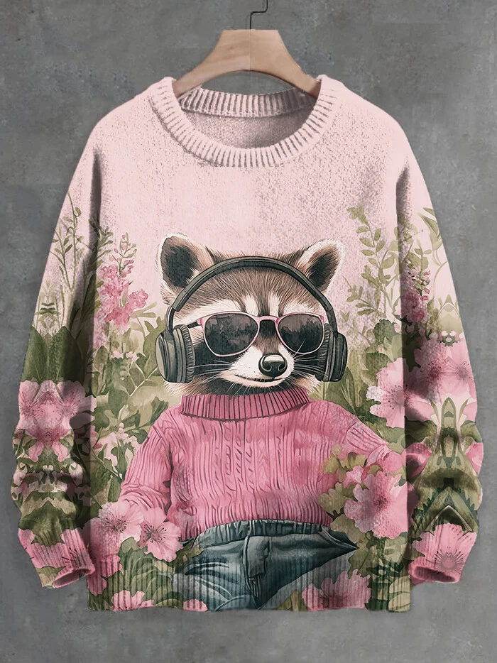 Men's Raccoon Listening To Music In The Flowers Field Art Print Knit Sweatshirt