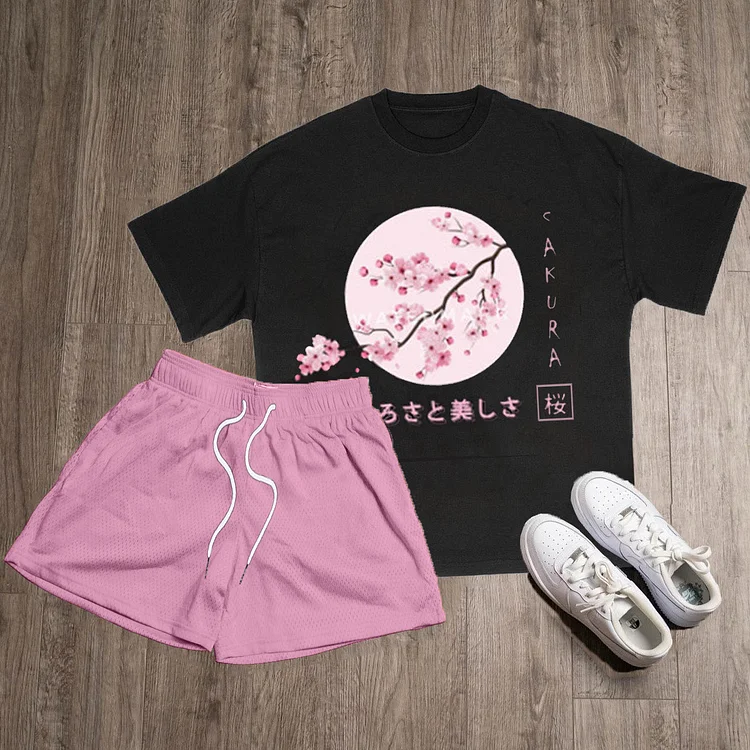 Sakura Print T-Shirt Shorts Two-Piece Set