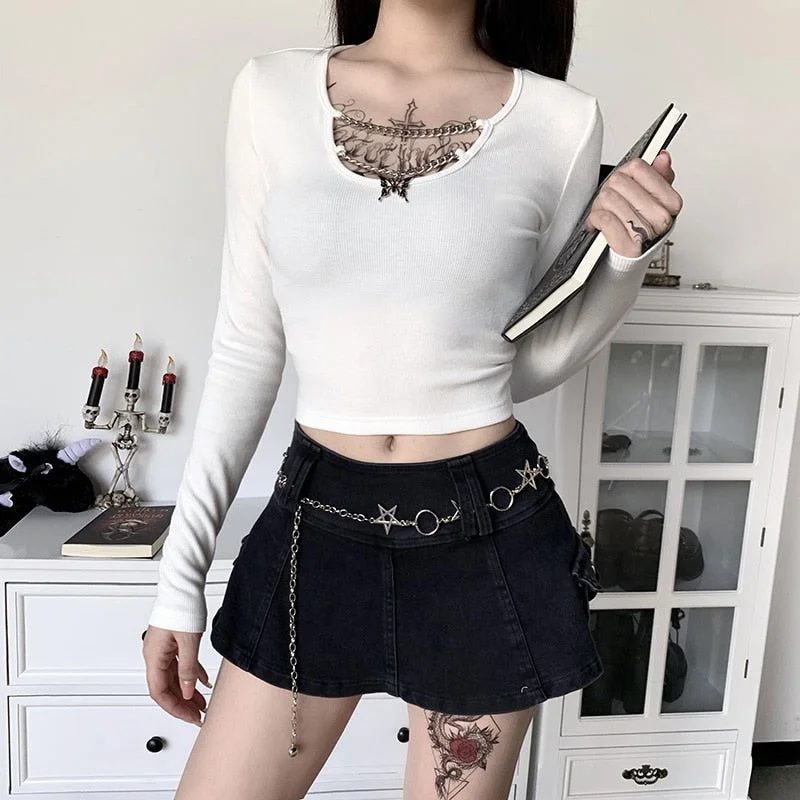 InsGoth Knitted Long Sleeve Crop Tops Gothic Punk Bodycon Butterfly Pendant Women T-shirts Lady Solid Black White Basic Top