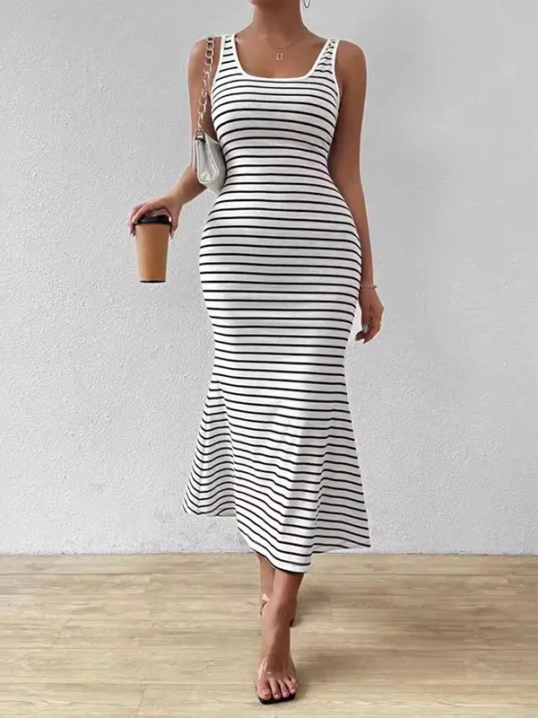 Striped Split-Joint Sleeveless Bodycon U-neck Midi Dresses