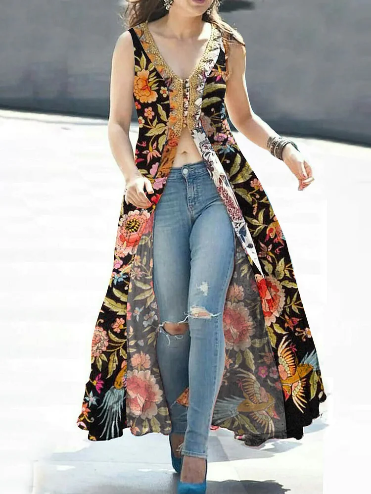 UR Casual Floral V-Neck Sleeveless Split Maxi Tank Dress