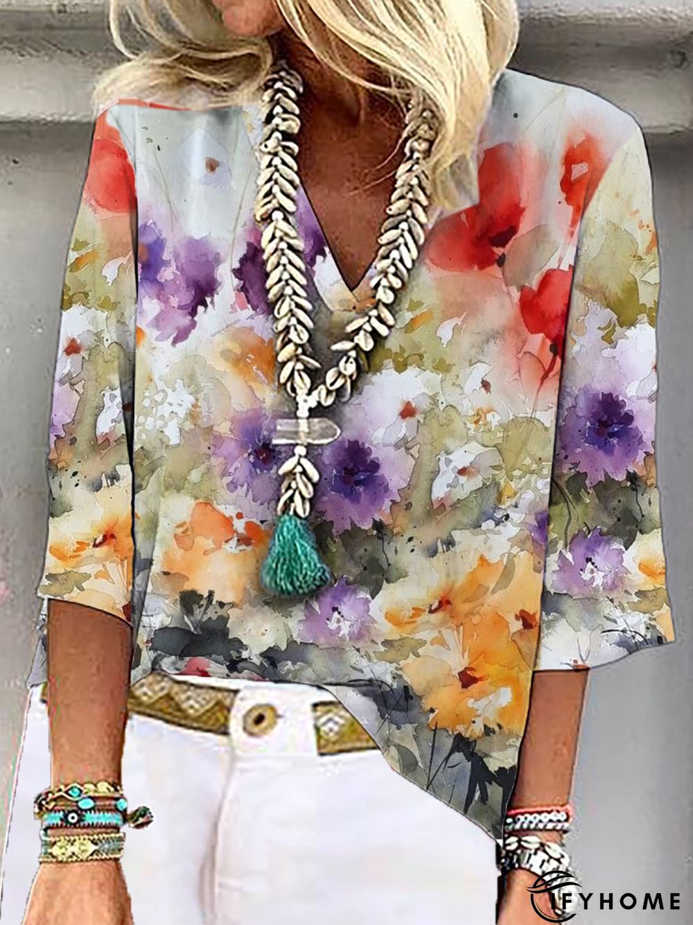 Casual Floral Loose V Neck Three Quarter Top | IFYHOME