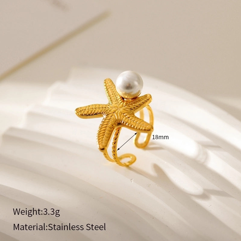 Beach Round Starfish 304 Stainless Steel Pearl 18K Gold Plated Plating Inlay Open Rings