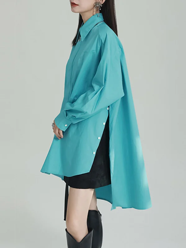 Irregular Clipping Roomy Split-Side Pure Color Lapel Shirts Tops