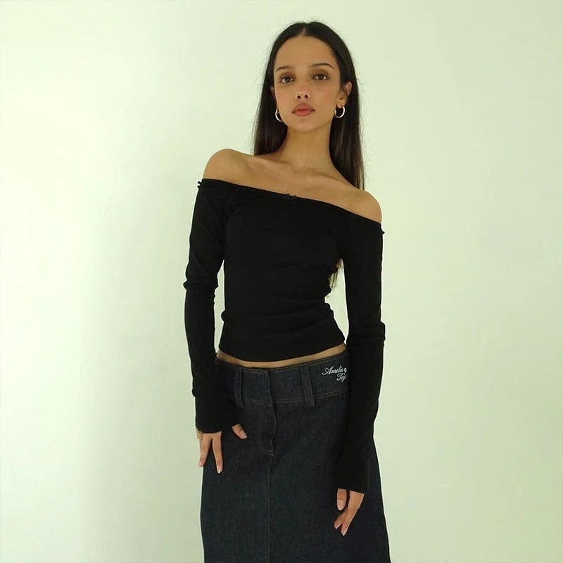 Toloer Off-Shoulder Long Sleeve Bow Top-Outfit Ideas