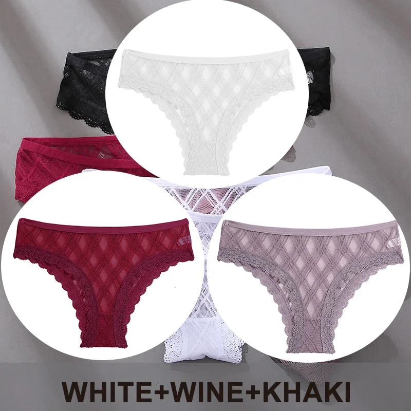 FINETOO 3PCS/Set Women's Panties Sexy Lace Lingerie Temptation Underwear Briefs Pespective Woman Thongs Mesh Underpants Female