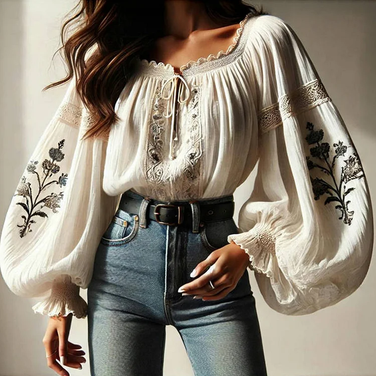 Boho Plant Embroidered Lace-Up Lantern Sleeve Blouse