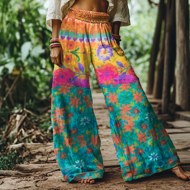 Vintage Bohemian Floral Print Loose Wide-leg Pants