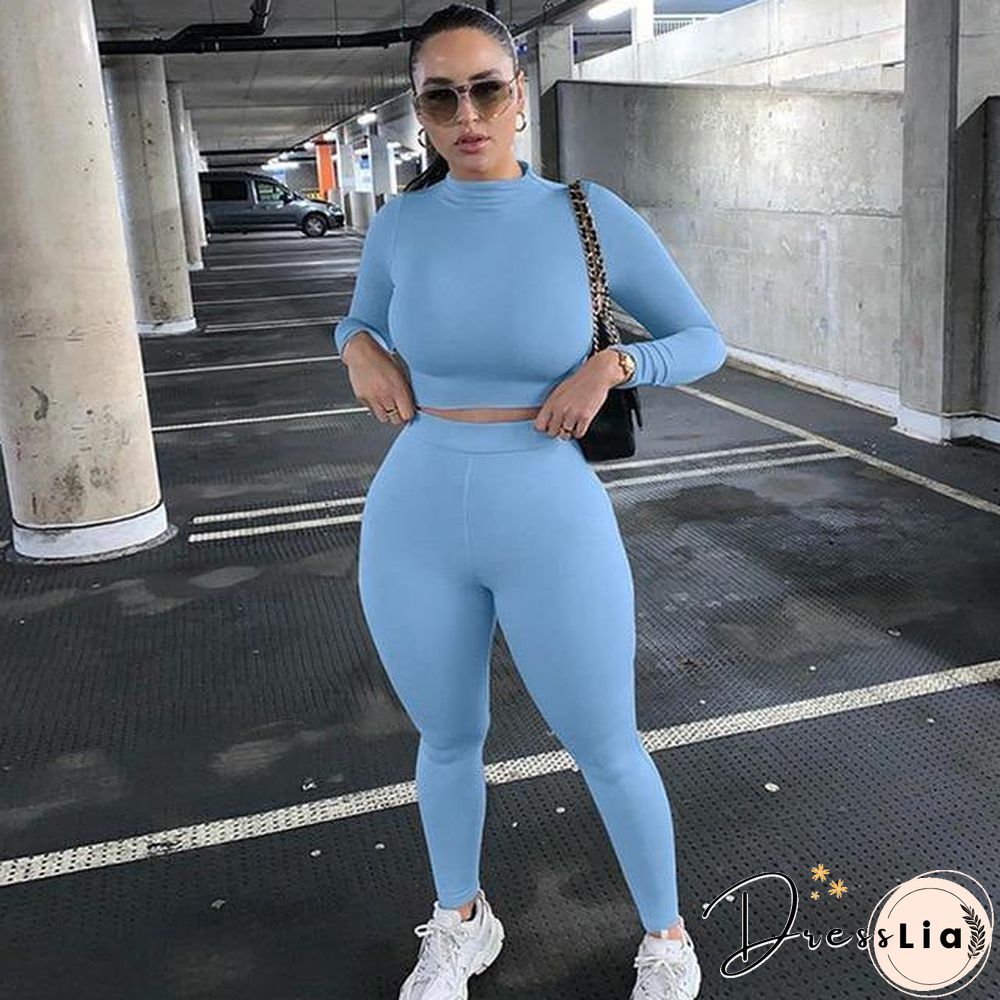 Winter Women Sport Fitness 2 Two Piece Set Outfits Long Sleeve Crop Tops Tshirt Leggings Pants Set Bodycon Tracksuit