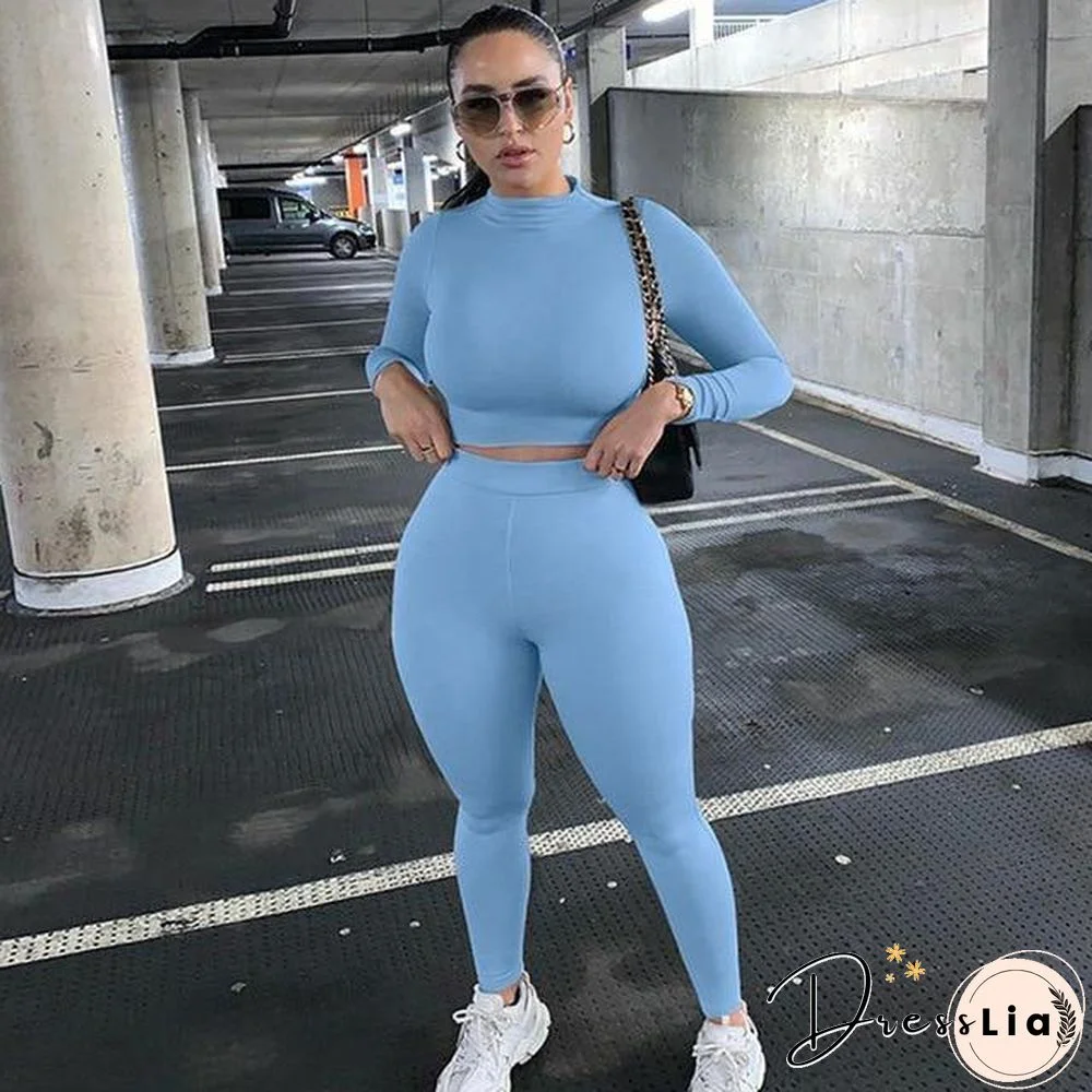 Winter Women Sport Fitness 2 Two Piece Set Outfits Long Sleeve Crop Tops Tshirt Leggings Pants Set Bodycon Tracksuit