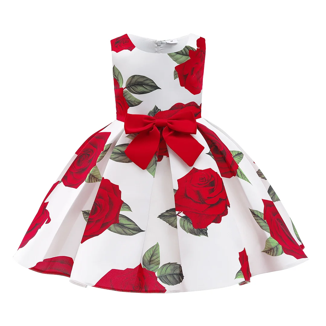 Buzzdaisy Flowers Princess Dress For Girl Round Collar Bow-Knot Sleeveless Without Fading Cotton Princess Dress Casual