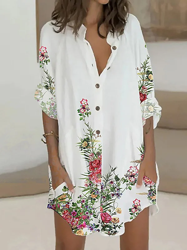 Flower Print Buttoned Loose Long Sleeves Lapel Shirt Dress Mini Dresses