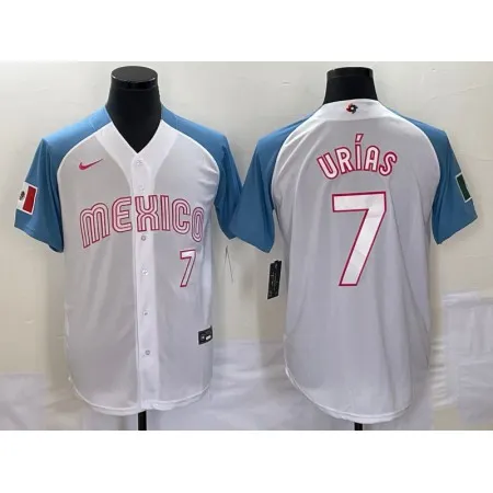 Men's Mexico Baseball #7 Julio Urias 2023 White Blue World Baseball Classic Stitched Jersey ZD6W