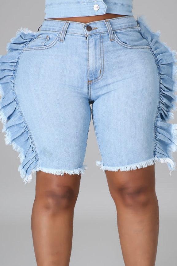 Xpluswear Plus Size Casual Blue Ruffle Denim Shorts