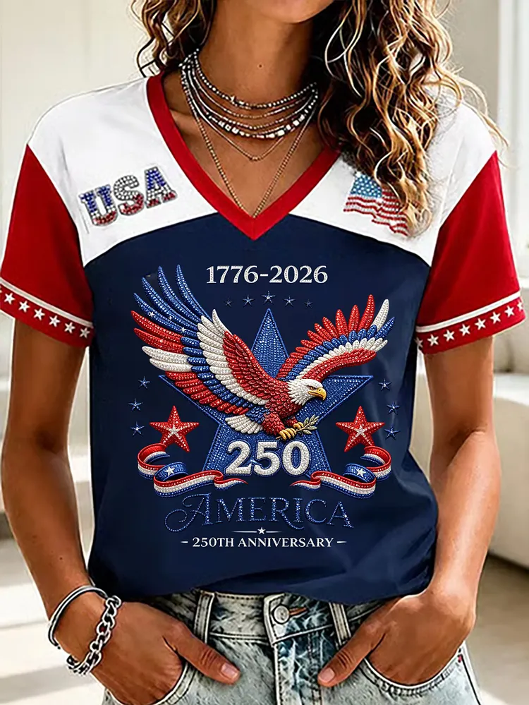 Women's 250th Anniversary Independence Day Art Print V Neck T-shirt 