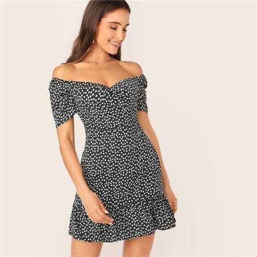 Mayoulove Off Shoulder Wrap Front Ruffle Hem Ditsy Floral Mini Dress-Mayoulove