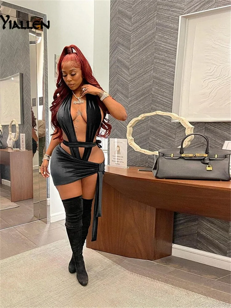 Yiallen  2021Sexy Cleavage 2 Piece Set Women Halter Sleeveless Bodysuit+Short Dress Simple Suit Solid Pleated Streetwear Female