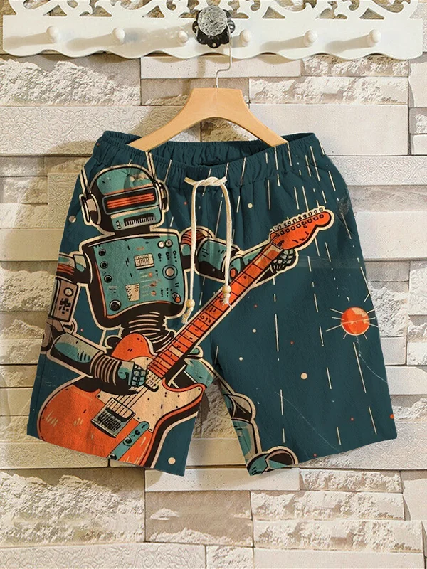 Men's Retro Space Geek Rock Music Robot UFO Print Shorts