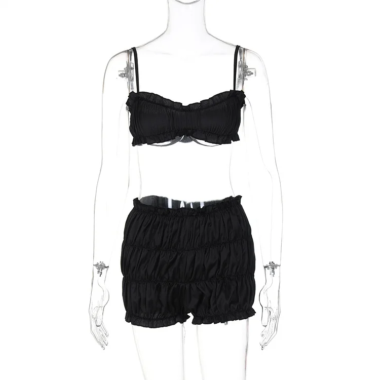 Fashion Suspenders Tube Top Pleated Shorts Suit