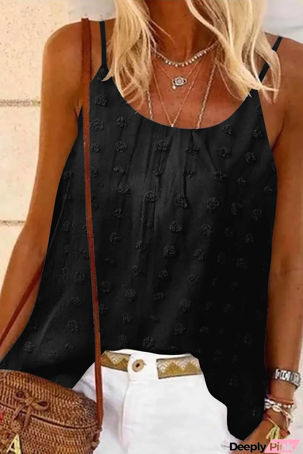 Black Spaghetti Straps Swiss Dot Textured Tank