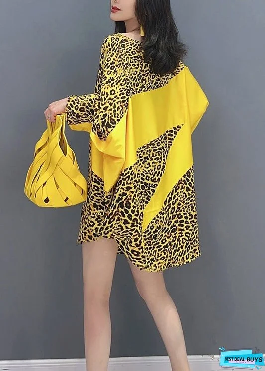 Yellow Leopard Patchwork Long Dresses Long Sleeve