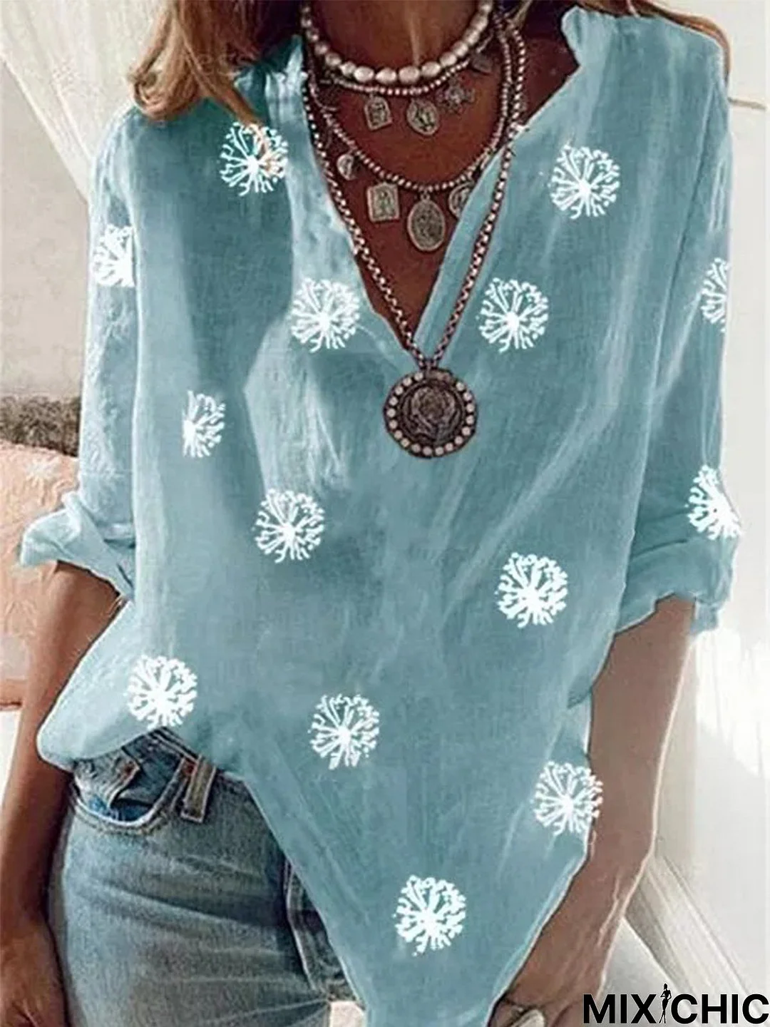 Vintage V Neck Dandelion Printed Casual Tunic Top