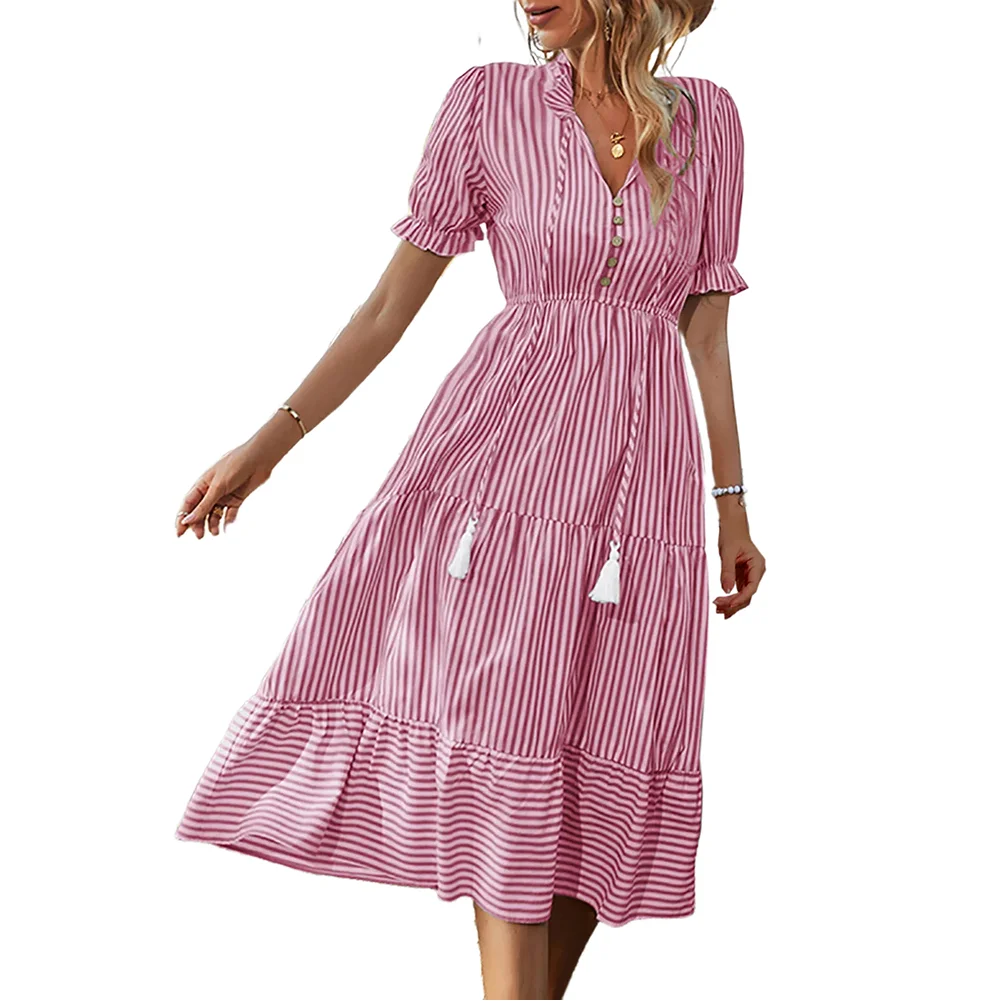 Red Striped Lace-up Button Short Sleeve Midi Dress