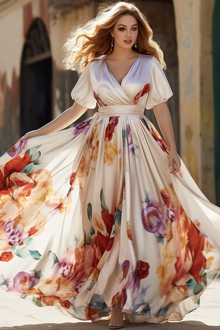 Flycurvy Plus Size White Wedding Guest Satin Floral Print Wrap Neck Pleated High Waist Maxi Dress  Flycurvy [product_label]