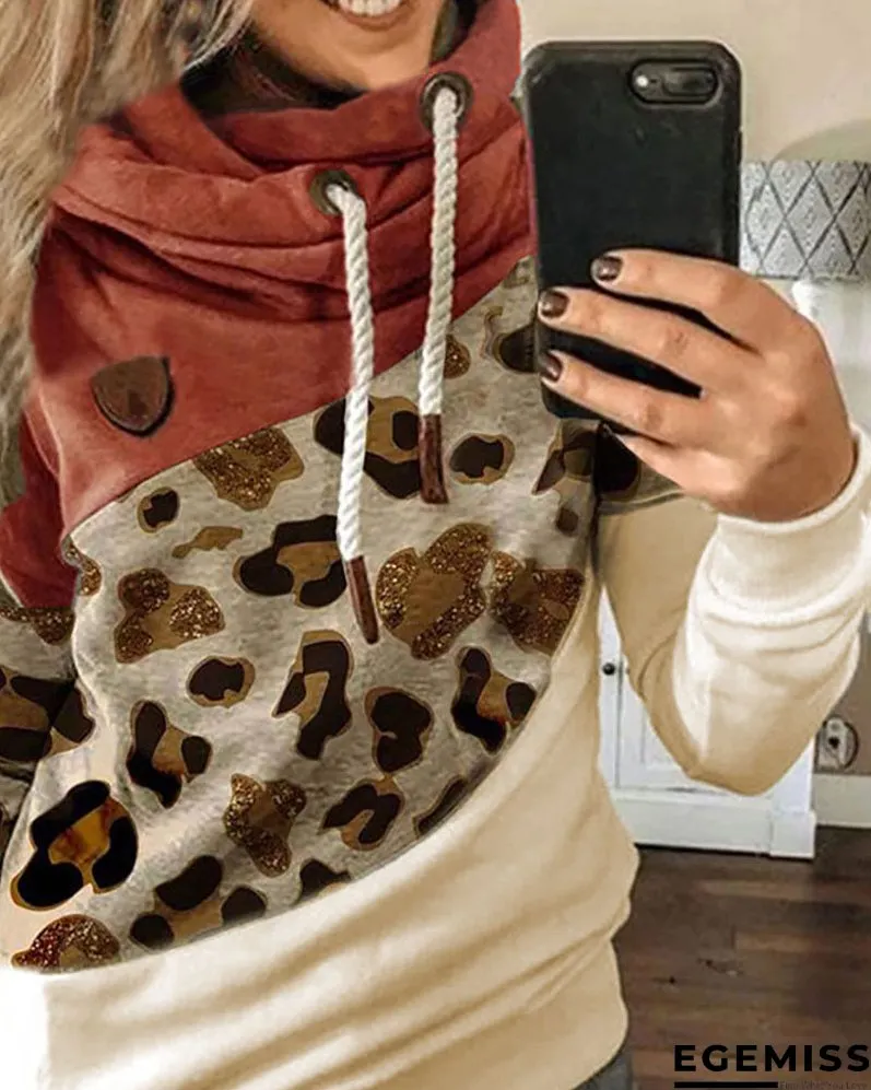 Lantern Sleeve Colorblock Leopard Print Hooded Top | EGEMISS