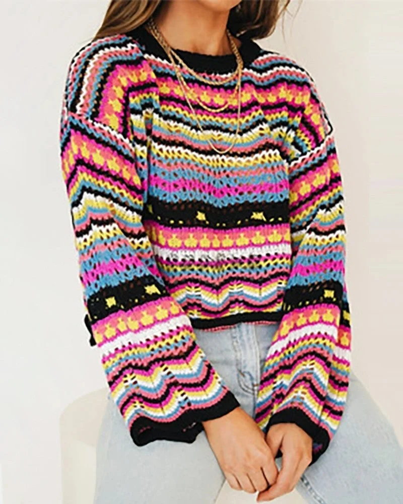 Long Sleeve Graphic Striped Print Sweater