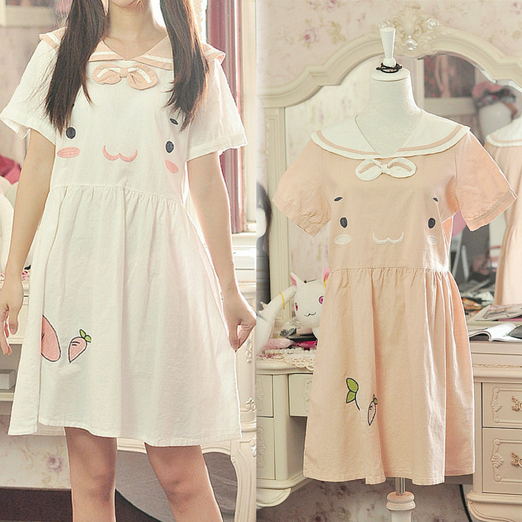 White/Pink Kawaii Sailor Style Short Sleeve Dress SP167022