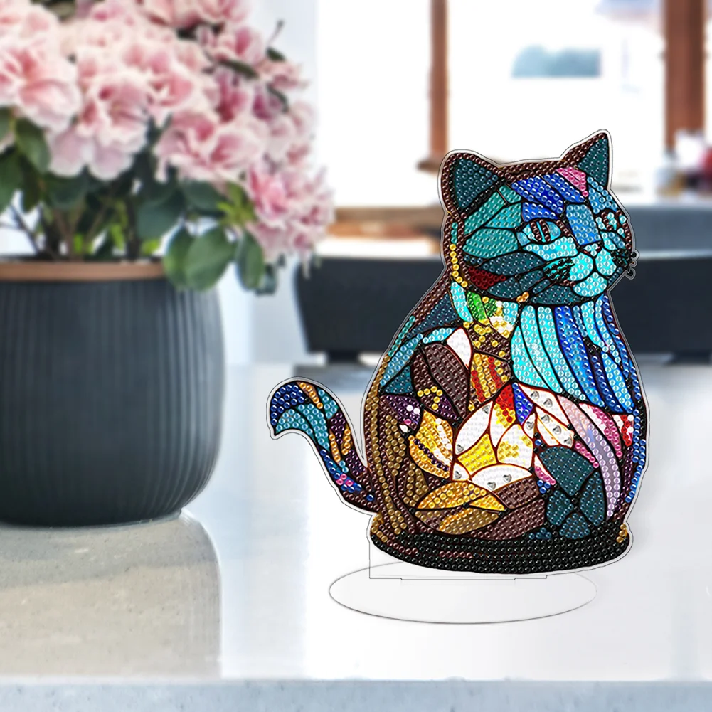 DIY Cat Acrylic Single-Sided Diamond Painting Desktop Decoration with Light for Office Desktop Decor