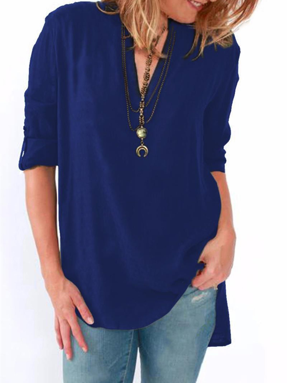 Dark Blue Basic Solid Polyester Blouses & Shirt