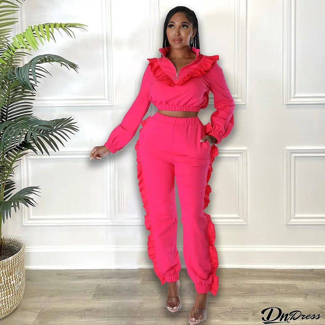 Trendy Women's  Solid Color Zipper Ruffle Fashion Casual Sports Two Piece Pants Set